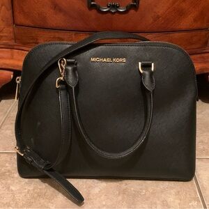 Michael Kors Dark Black Leather Cindy Dome Satchel Handbag Purse